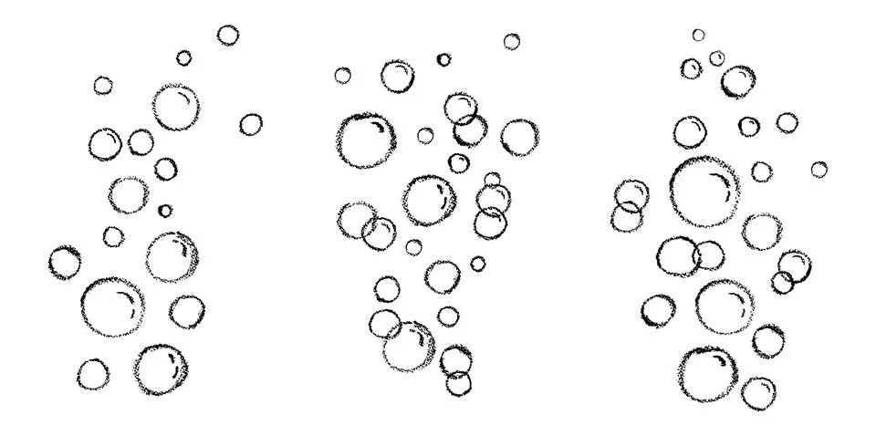 Set of soap or water bubbles drawing by chalk or charcoal. Foam pastel handdrawn Stock Illustration