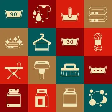 Set Soap water bubbles, Temperature wash, Yarn, Towel on hanger, stack, and icon イラスト素材