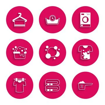 Set Soap water bubbles, Towel stack, Washing powder, Dirty t-shirt, Drying イラスト素材