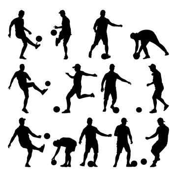 Set of soccer players silhouettes isolated on white background. Group of foot Stock Illustration