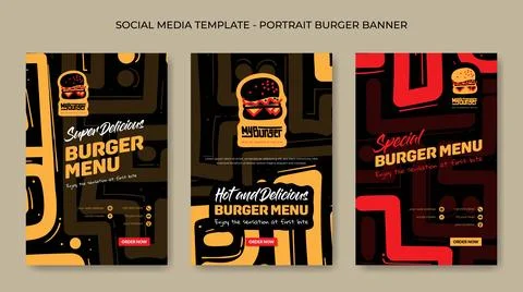 Set of social media post template in portrait design with red yellow hand d.. Stock Illustration