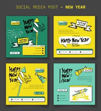 Set of social media post template with typography of happy new year in line.. Stock Illustration