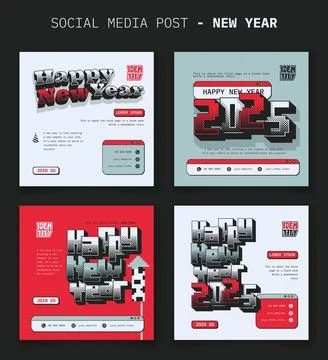 Set of social media post template with 3d pixel typography design in red wh.. Stock Illustration