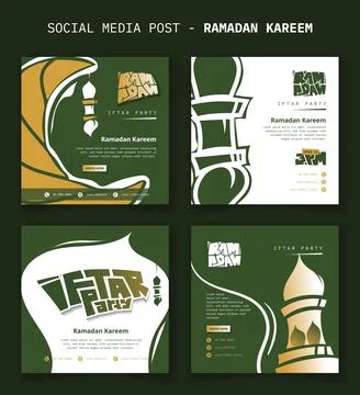Set of social media post template with flat lantern and crescent moon in gr.. Stock Illustration