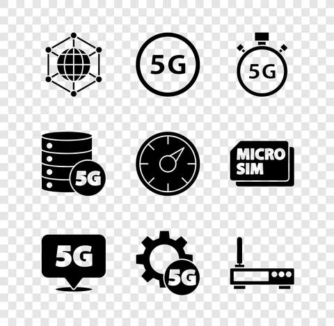 Set Social network, 5G, Digital speed meter, Location, Setting, Router and wi-fi Stock Illustration