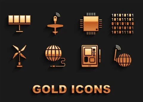 Set Social network, Binary code, Graphic tablet, Wind turbine, Processor with Stock Illustration