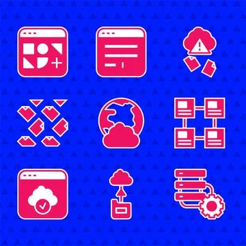 Set Social network, Cloud technology data transfer, Server and gear, Hierarchy 스톡 일러스트