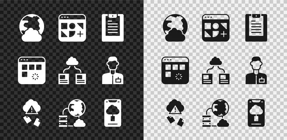 Set Social network, Different files, Server, Data report, Cloud hacking, Network 스톡 일러스트