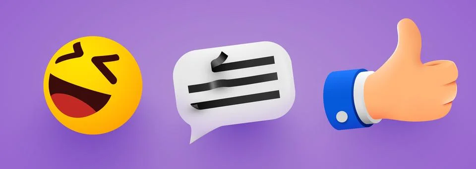 Set of social network icons objects. Emoji, chat bubble and like sing. Stock Illustration