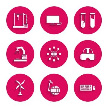 Set Social network, Keyboard and mouse, Virtual reality glasses, Wind turbine Illustrazione stock