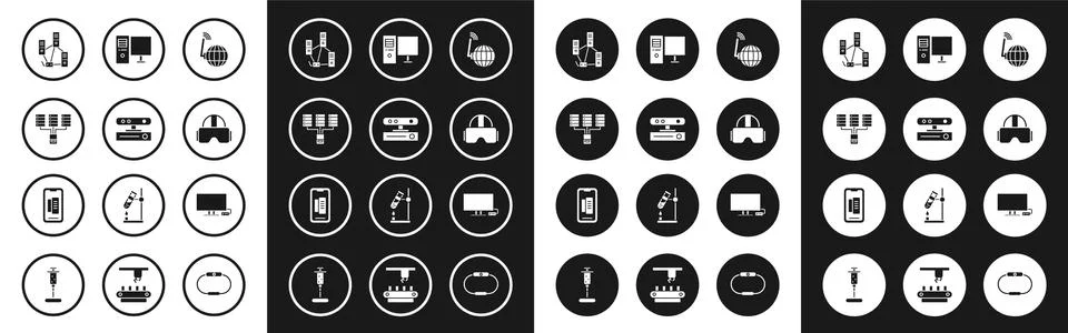 Set Social network, Motion sensor, Server, Data, Web Hosting, Computer, Virtual Stock Illustration