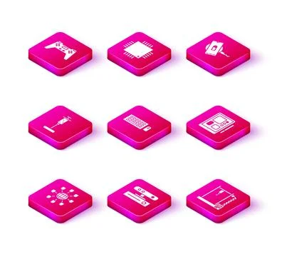 Set Social network, Motion sensor, Syringe, Keyboard and mouse, 3D printer,.. Illustrazione stock