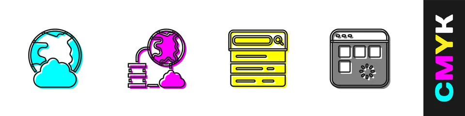 Set Social network, Network cloud connection, Search engine and Loading data Stock Illustration