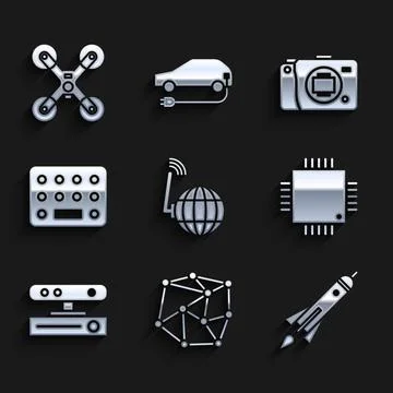 Set Social network, Neural, Rocket ship with fire, Processor microcircuits CPU Stock-Illustration