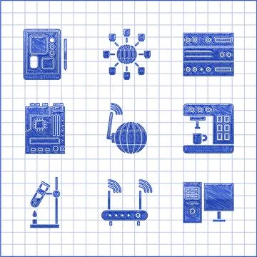 Set Social network, Router and wi-fi signal, Computer monitor, Coffee machine 스톡 일러스트