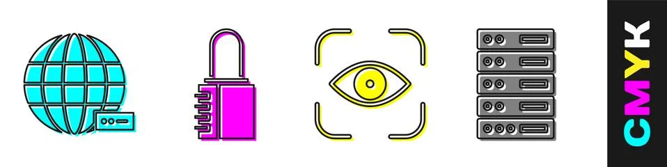 Set Social network, Safe combination lock, Eye scan and Server, Data, Web Illustrazione stock