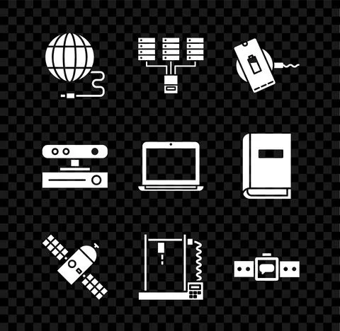 Set Social network, Server, Data, Web Hosting, Wireless charger, Satellite, 3D Stock Illustration