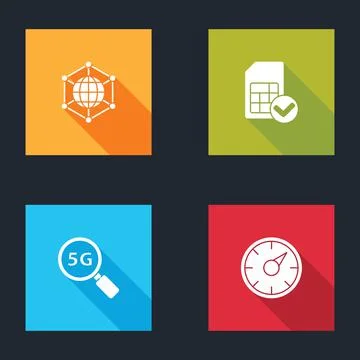 Set Social network, Sim card, Search 5G and Digital speed meter icon. Vector Illustrazione stock