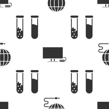 Set Social network, Smart Tv and Test tube and flask on seamless pattern. V.. Stock Illustration
