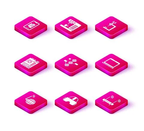 Set Social network, Virtual reality glasses, Motherboard, DNA symbol, Router and Illustrazione stock