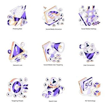 Set of Social Platform Isometric Illustrations Stock Illustration