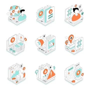 Set of Social Platform Isometric Illustrations Stock Illustration