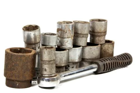 Set of socket spanners with ratchet handle Stock Photos