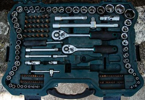 Set of socket wrench in plastic box, set of car repair tools Stock Photos