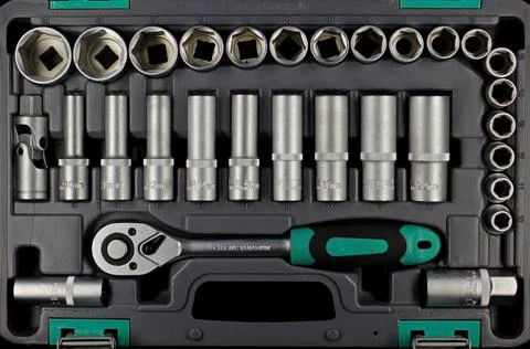 Set of socket wrenches and adapters of different diameters Stock Photos