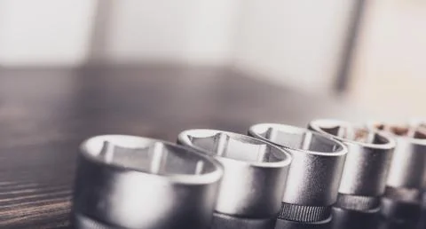Set of socket wrenches in a garage Foto stock
