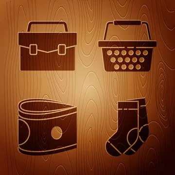 Set Socks, Briefcase, Stacks paper money cash and Shopping basket on wooden 스톡 일러스트