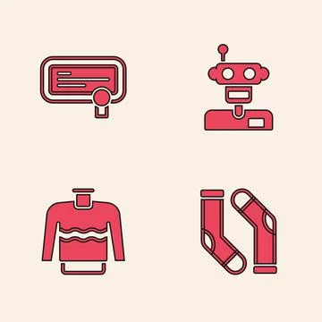 Set Socks, Certificate template, Robot and Sweater icon. Vector 스톡 일러스트