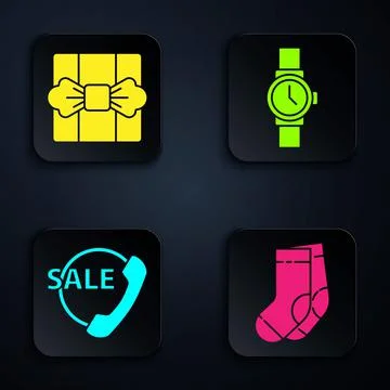 Set Socks, Gift box, Telephone 24 hours support and Wrist watch. Black square Stock Illustration