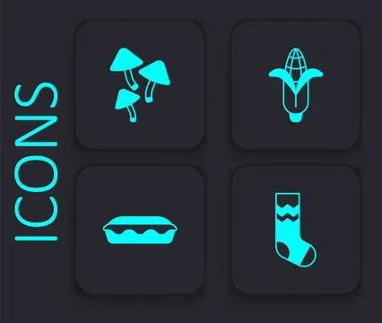 Set Socks, Mushroom, Corn and Homemade pie icon. Black square button. Vector Stock Illustration