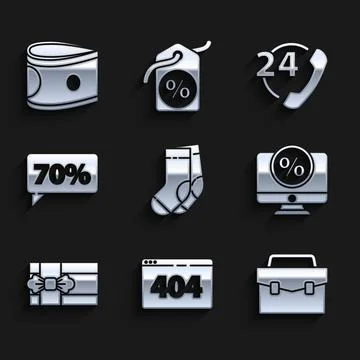 Set Socks, Page with a 404 error, Briefcase, Percent discount and monitor, Gift 库存插图