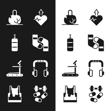Set Socks, Punching bag, Broken weight, Heartbeat increase, Treadmill machine Stock Illustration