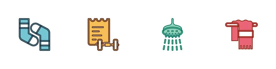 Set Socks, Sport training program, Shower and Towel on hanger icon. Vector Stock Illustration