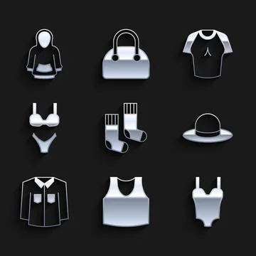 Set Socks, Undershirt, Swimsuit, Man hat, Shirt, T-shirt and Hoodie icon. V.. Stock Illustration