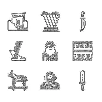 Set Socrates, Cyclops, Medieval sword, Ancient Greek pattern, Trojan horse Ilustración de archivo