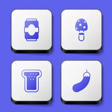 Set Soda can, Fly agaric mushroom, Bread toast and Eggplant icon. White square Stock Illustration