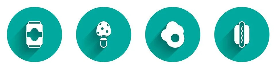Set Soda can, Fly agaric mushroom, Scrambled egg and Hotdog icon with long Stock Illustration