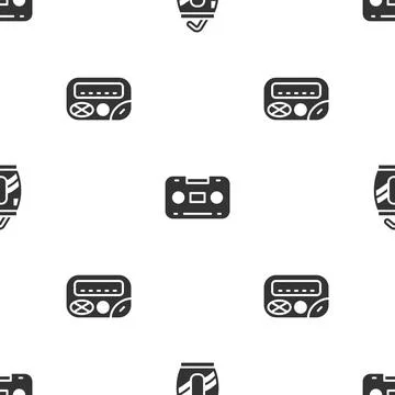 Set Soda can with straw, Retro audio cassette tape and Pager on seamless pattern Stock Illustration