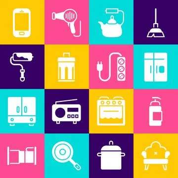 Set Sofa, Antibacterial soap, Refrigerator, Kettle with handle, Trash can, Paint Illustration