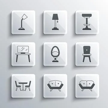 Set Sofa, Chair, Armchair, Table with, TV table stand, lamp and  icon. Vector Stock Illustration