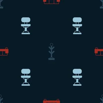 Set Sofa, Coat stand and Office chair on seamless pattern. Vector Stock Illustration