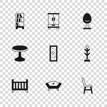 Set Sofa, Coat stand, Chair, Big full length mirror, Armchair, Library book.. Stock Illustration