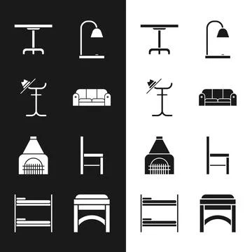 Set Sofa, Coat stand, Round table, Table lamp, Interior fireplace, Chair, and Ilustração Stock