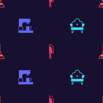 Set Sofa, Coffee machine, Knife and Handle broom on seamless pattern. Vector イラスト素材