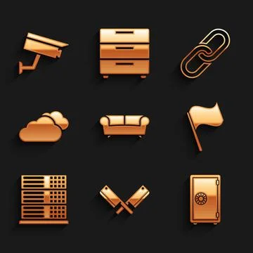 Set Sofa, Crossed meat chopper, Safe, Flag, Server, Data, Web Hosting and Cloud Stock Illustration