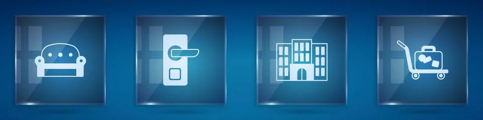 Set Sofa, Digital door lock, Hotel building and Trolley suitcase. Square glass Ilustración de archivo